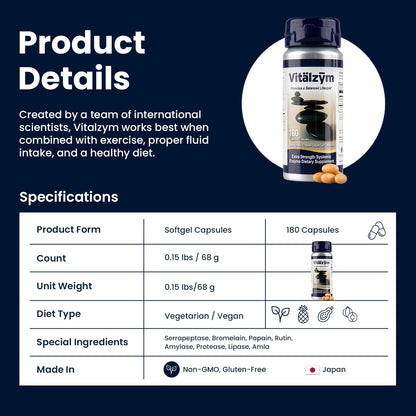 VITÄLZYM Proteolytic Systemic Enzymes Liquid Gel Capsules with Serrapeptase | Immune & Joint Support
