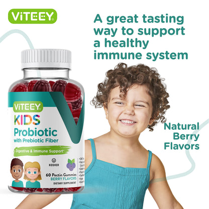 Viteey Probiotic Gummies for Kids with Prebiotic Fiber - 2B CFUs | Digestive & Gut Health, Constipation Relief - Vegan, Gelatin-Free, Berry Chewable