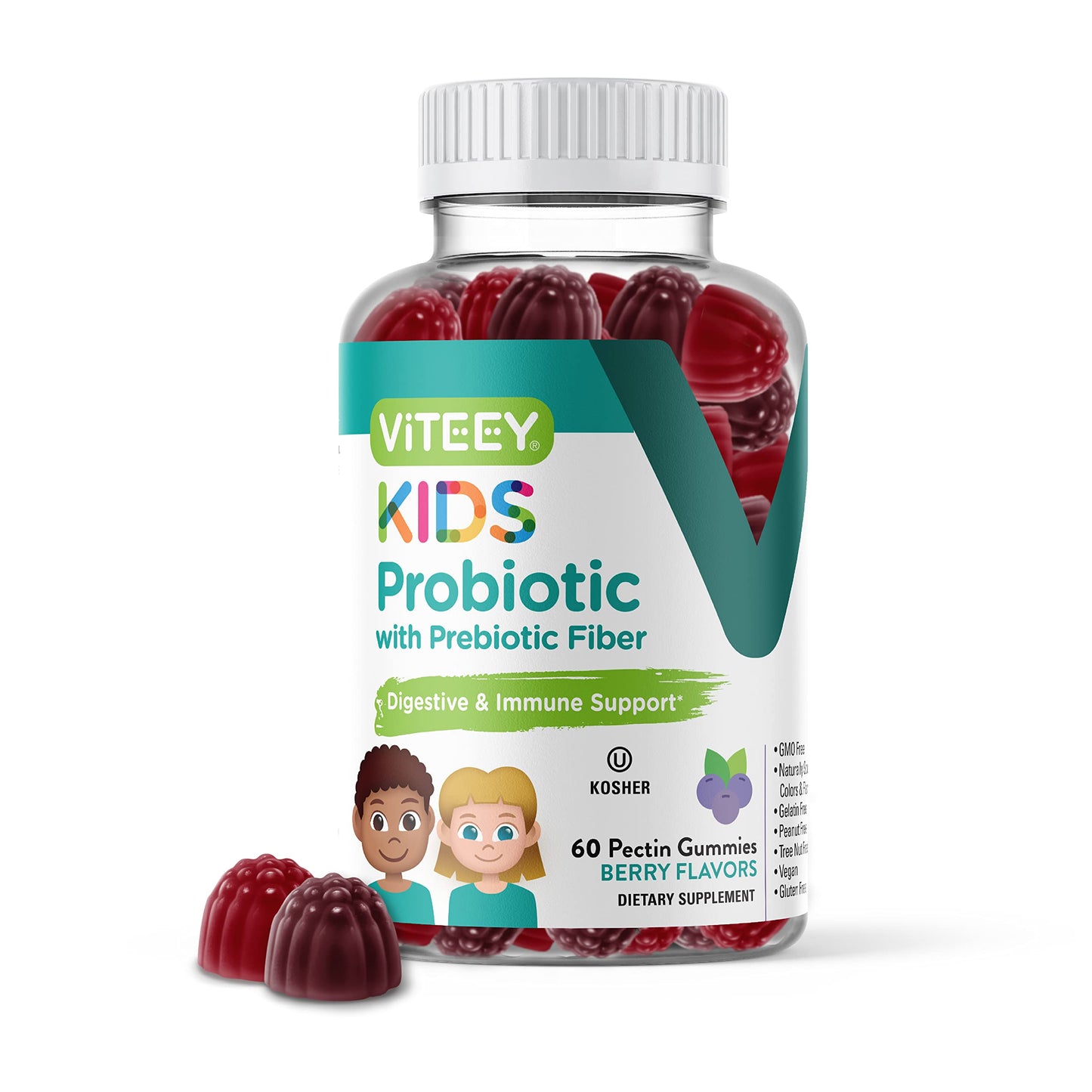 Viteey Probiotic Gummies for Kids with Prebiotic Fiber - 2B CFUs | Digestive & Gut Health, Constipation Relief - Vegan, Gelatin-Free, Berry Chewable