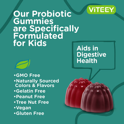 Viteey Probiotic Gummies for Kids with Prebiotic Fiber - 2B CFUs | Digestive & Gut Health, Constipation Relief - Vegan, Gelatin-Free, Berry Chewable