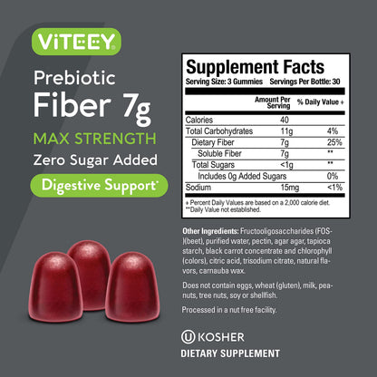 Viteey Prebiotic Fiber Gummies for Adults – 7g Per Serving, 2-Month Supply, Zero Sugar Added, Vegan & Gluten-Free