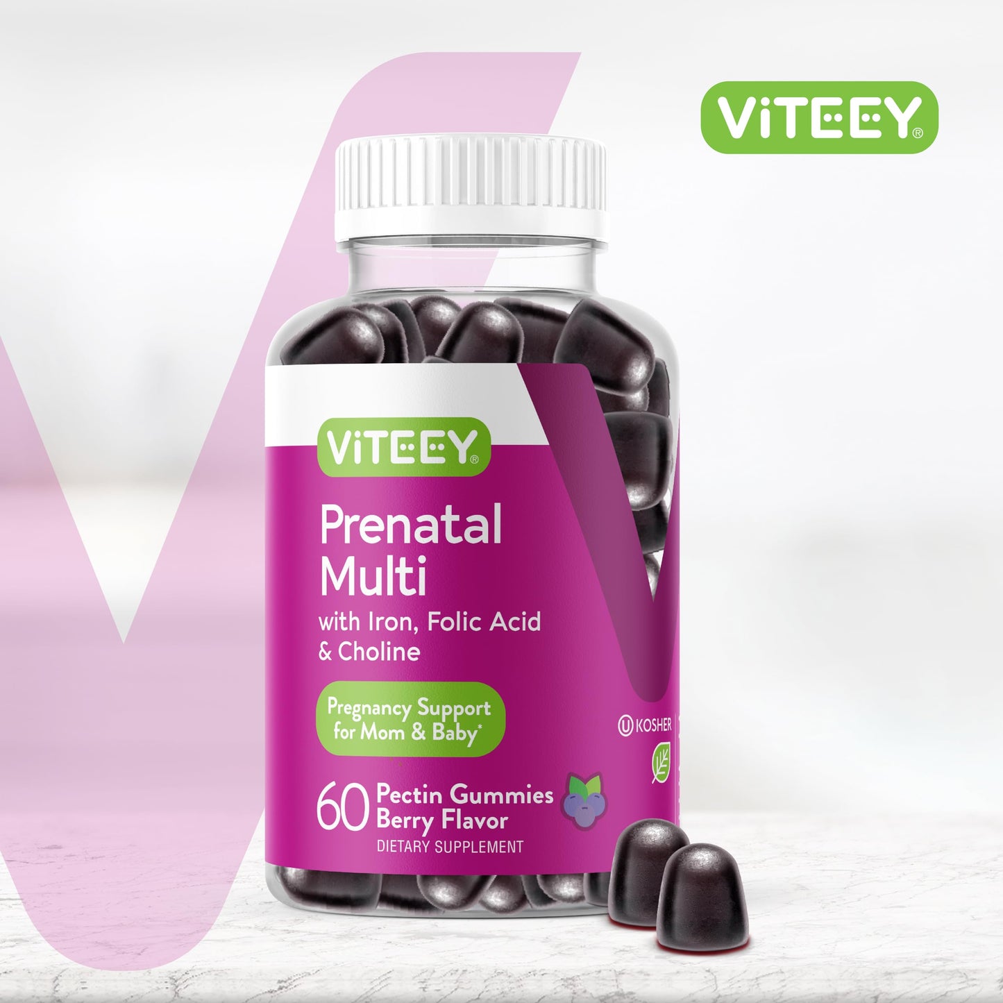 Viteey Prenatal Gummies for Women – Iron, Folic Acid, Choline | 60 Count