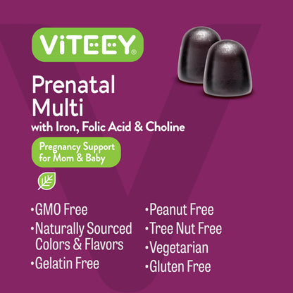 Viteey Prenatal Gummies for Women – Iron, Folic Acid, Choline | 60 Count