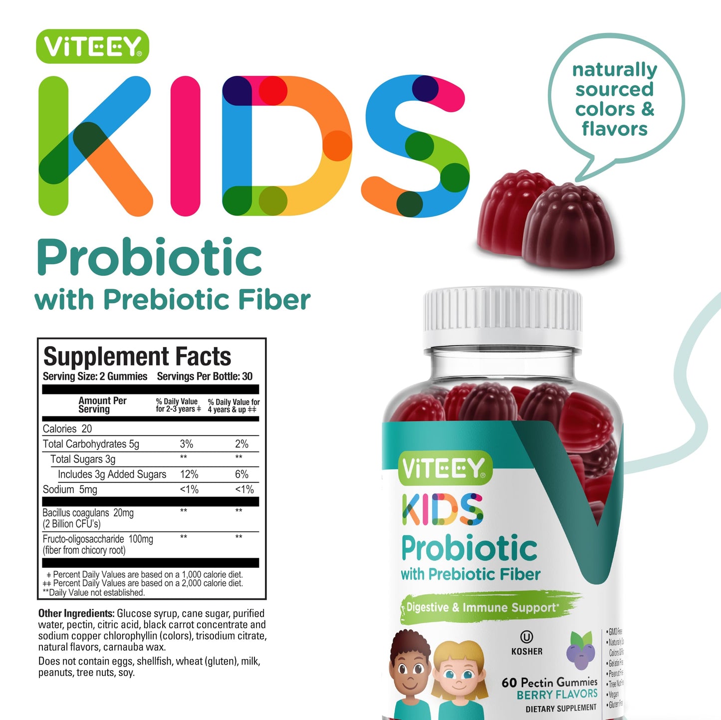 Viteey Probiotic Gummies for Kids with Prebiotic Fiber - 2B CFUs | Digestive & Gut Health, Constipation Relief - Vegan, Gelatin-Free, Berry Chewable