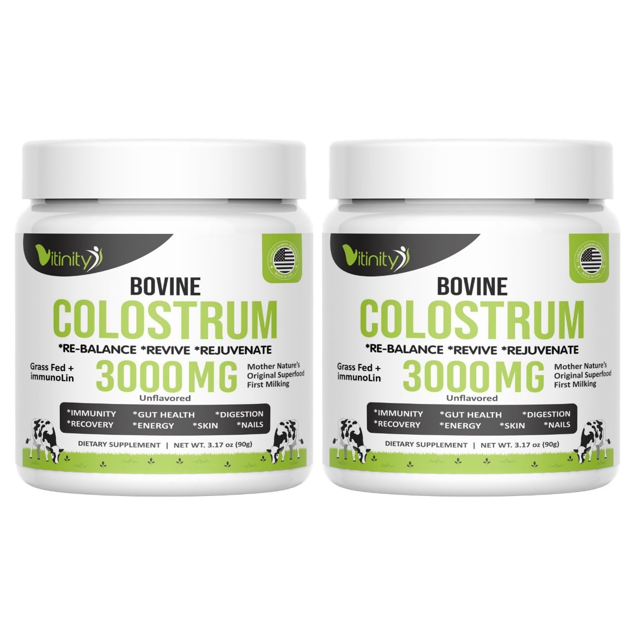 VITINITY Grass Fed Bovine Colostrum Powder 3000 mg – Immune Support & Gut Health | Unflavored 2 Pack