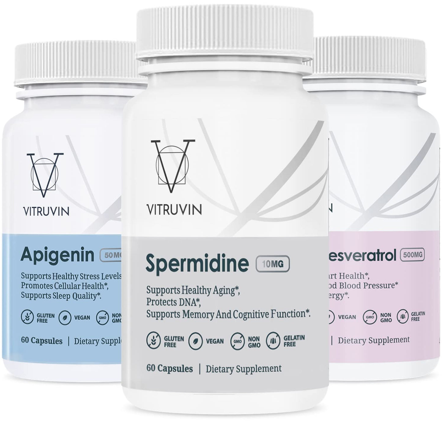 VITRUVIN Longevity Plus - Spermidine 2x10mg, Apigenin 2x50mg, Resveratrol 500mg + Piperine 5mg | Vegan, Non-GMO, Gluten-Free, Gelatin-Free