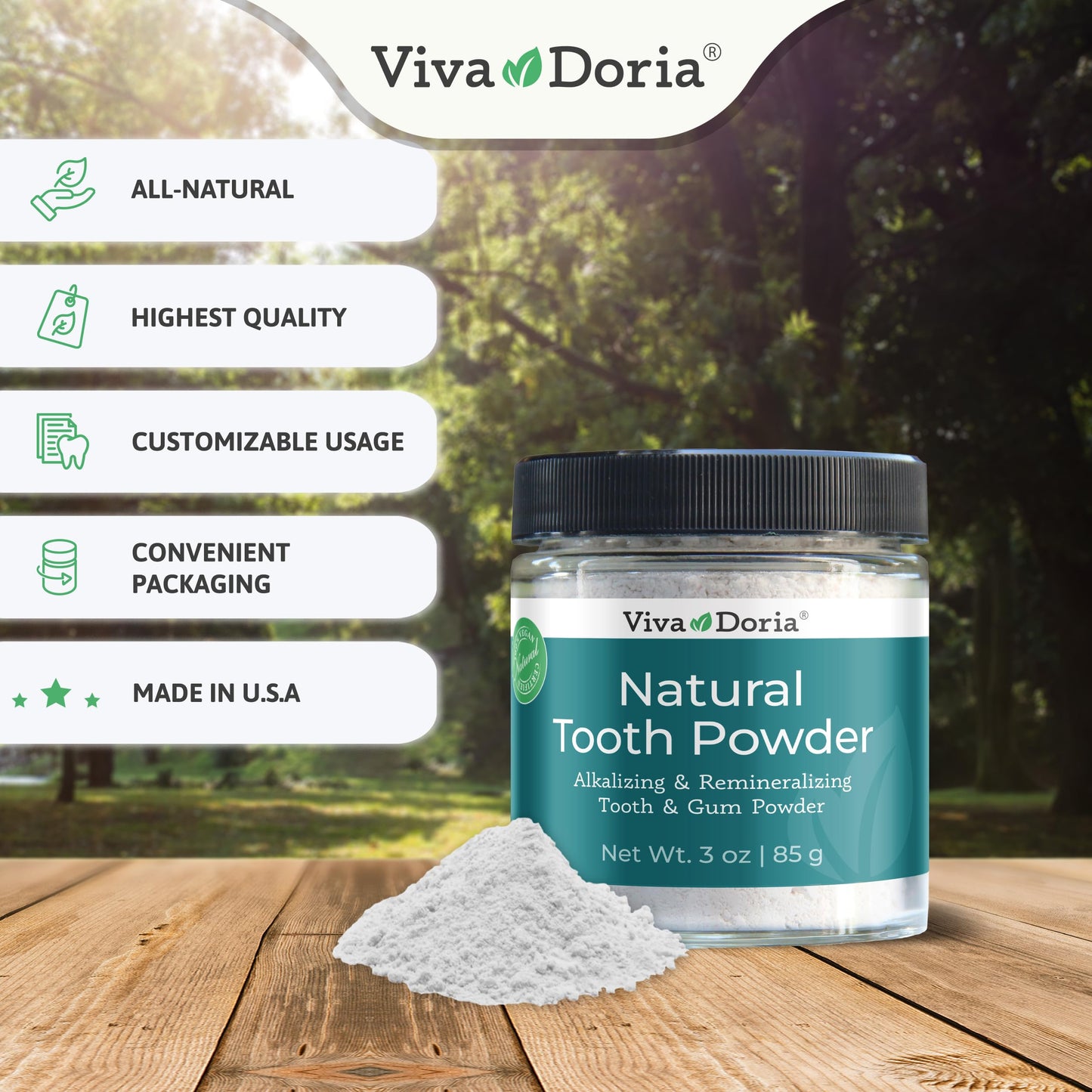 Viva Doria Natural Tooth Powder – Remineralizing & Whitening | Mint, 3 oz Jar