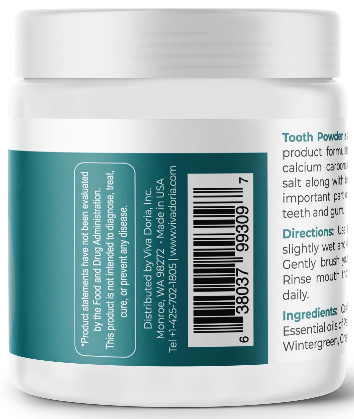 Viva Doria Natural Tooth Powder - Remineralizing & Whitening, Mint, 10 oz