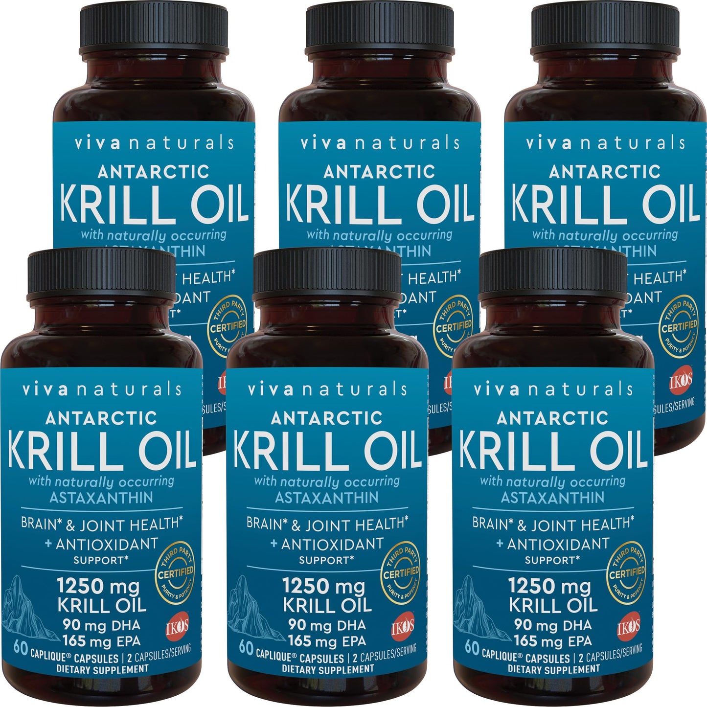 Viva Naturals Antarctic Krill Oil 1250 mg — EPA/DHA + Astaxanthin | Joint & Brain Support | No Fishy Aftertaste | Pack of 6