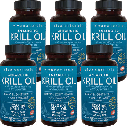 Viva Naturals Antarctic Krill Oil 1250 mg — EPA/DHA + Astaxanthin | Joint & Brain Support | No Fishy Aftertaste | Pack of 6