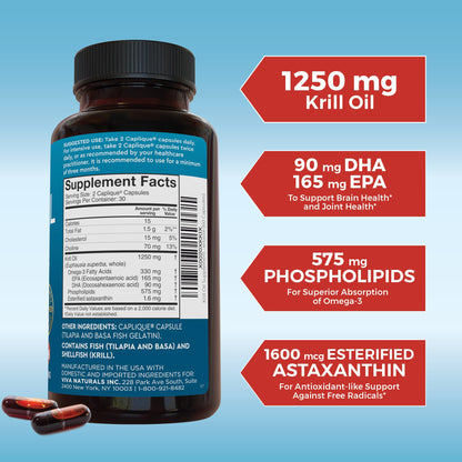 Viva Naturals Antarctic Krill Oil 1250 mg — EPA/DHA + Astaxanthin | Joint & Brain Support | No Fishy Aftertaste | Pack of 6