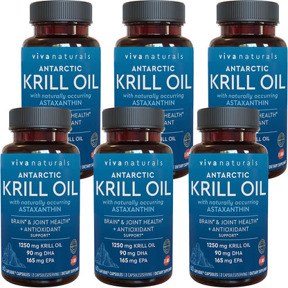 Viva Naturals Antarctic Krill Oil 1250 mg — EPA/DHA + Astaxanthin | Joint & Brain Support | No Fishy Aftertaste | Pack of 6