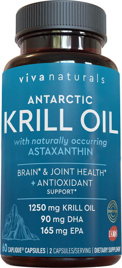 Viva Naturals Antarctic Krill Oil 1250 mg — EPA/DHA + Astaxanthin | Joint & Brain Support | No Fishy Aftertaste | Pack of 6