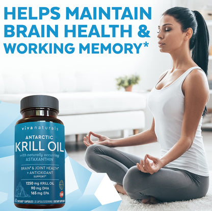 Viva Naturals Antarctic Krill Oil 1250 mg — EPA/DHA + Astaxanthin | Joint & Brain Support | No Fishy Aftertaste | Pack of 6