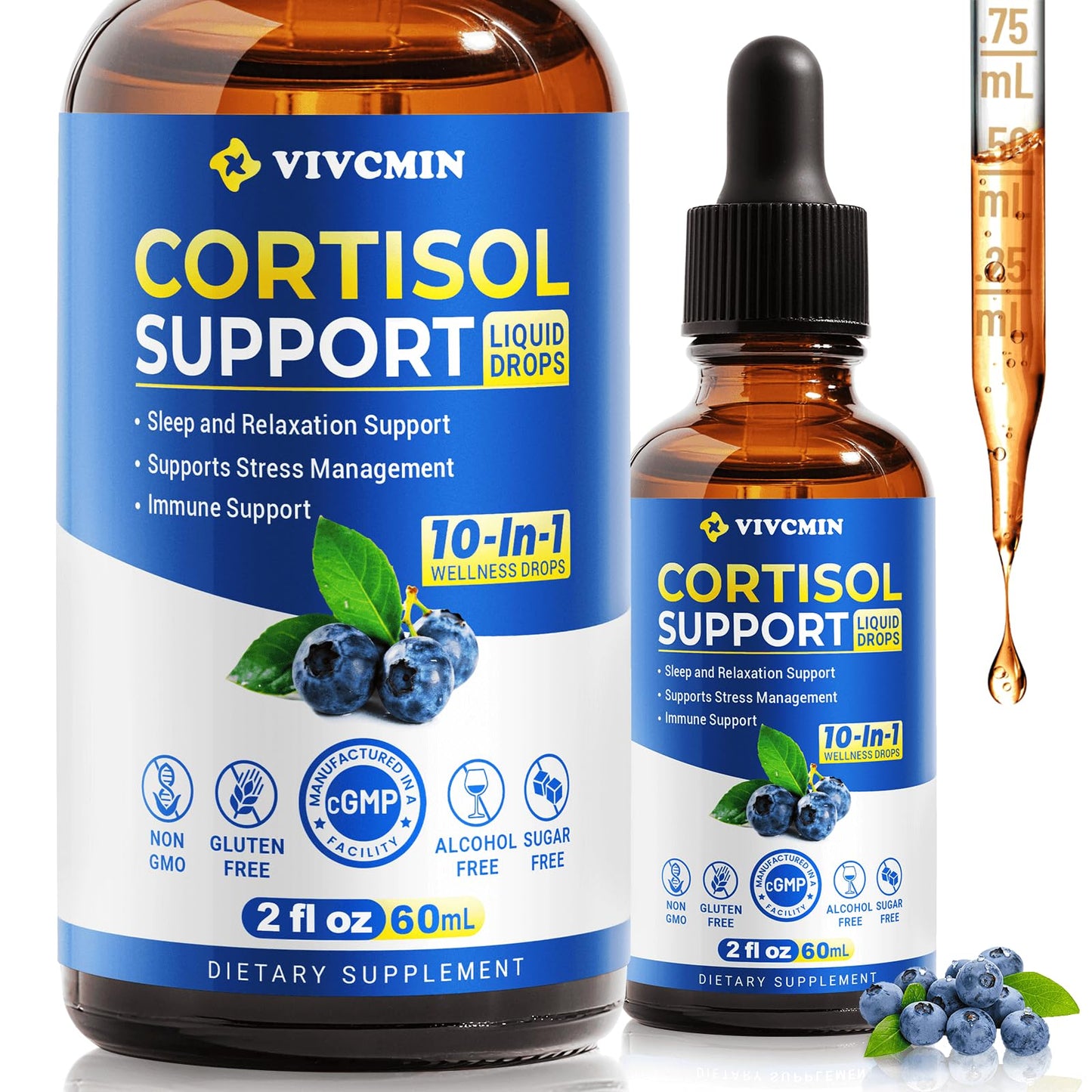 Vivcmin 10-in-1 Cortisol Supplement – Sleep & Mood Support (Blueberry, 2 oz)