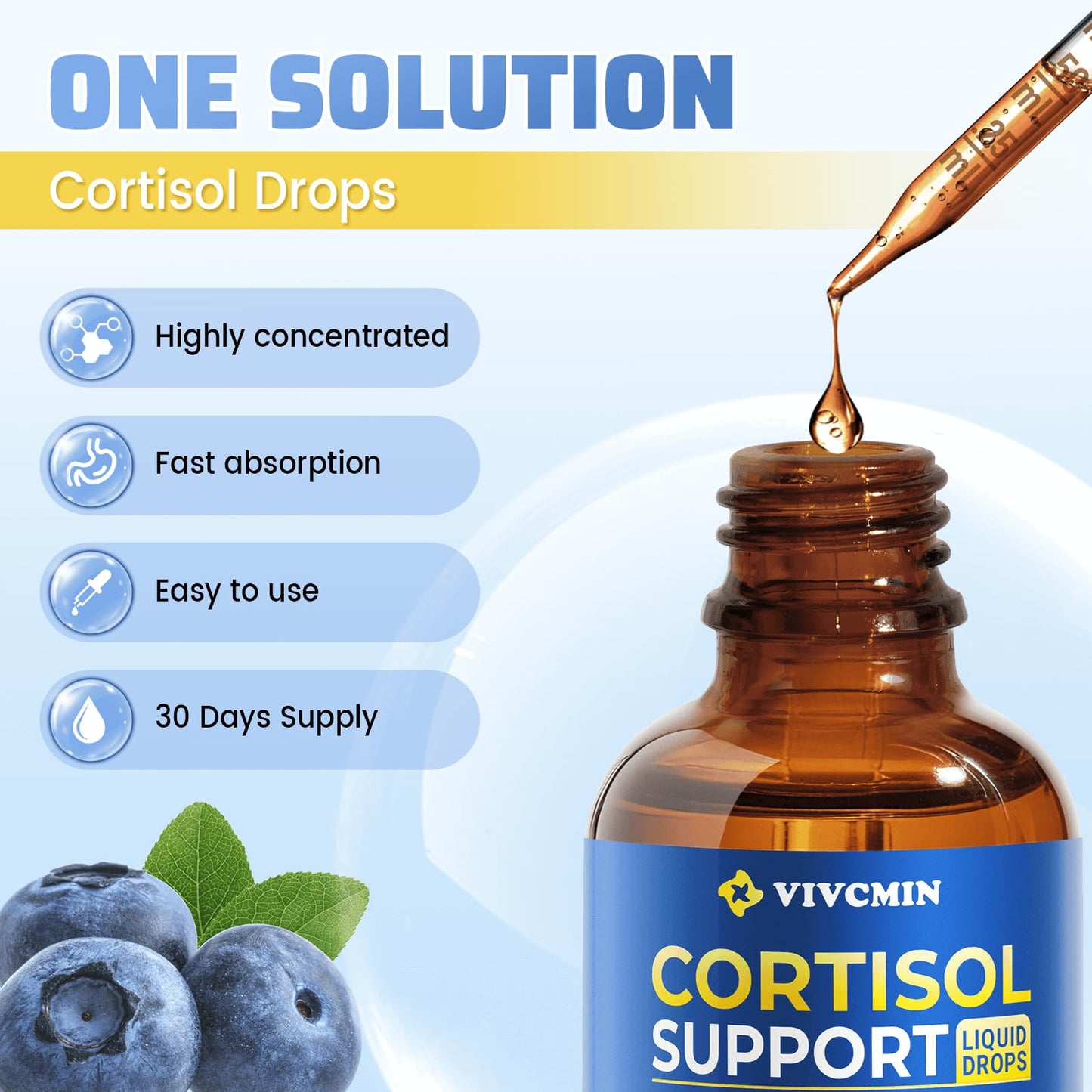 Vivcmin 10-in-1 Cortisol Supplement – Sleep & Mood Support (Blueberry, 2 oz)