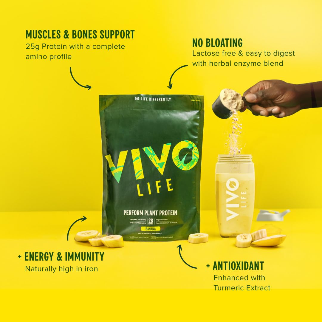 Vivo Life Perform Plant Protein Powder – Pea & Hemp with BCAA | Banana Cinnamon | 34.85 oz
