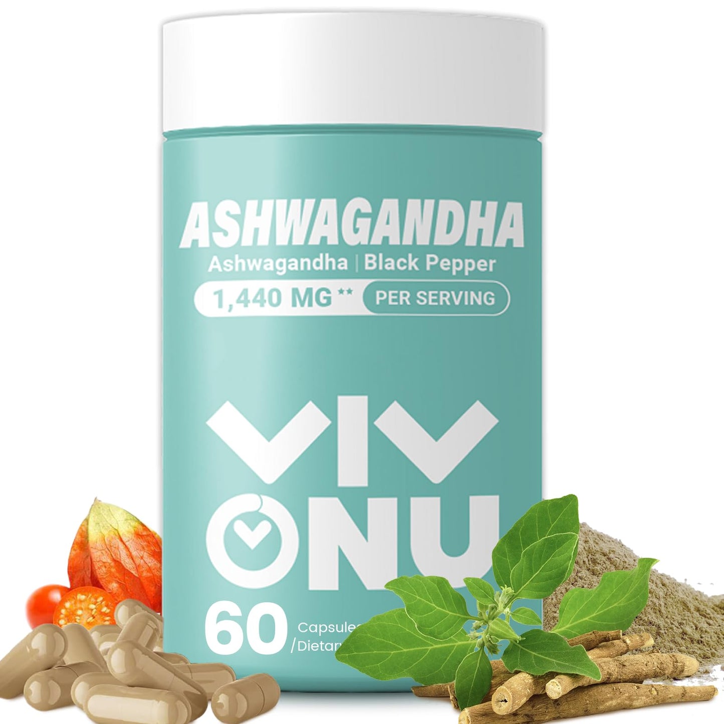 VivoNu Ashwagandha Vegan Capsules – KSM-66, Black Pepper, 60 Count