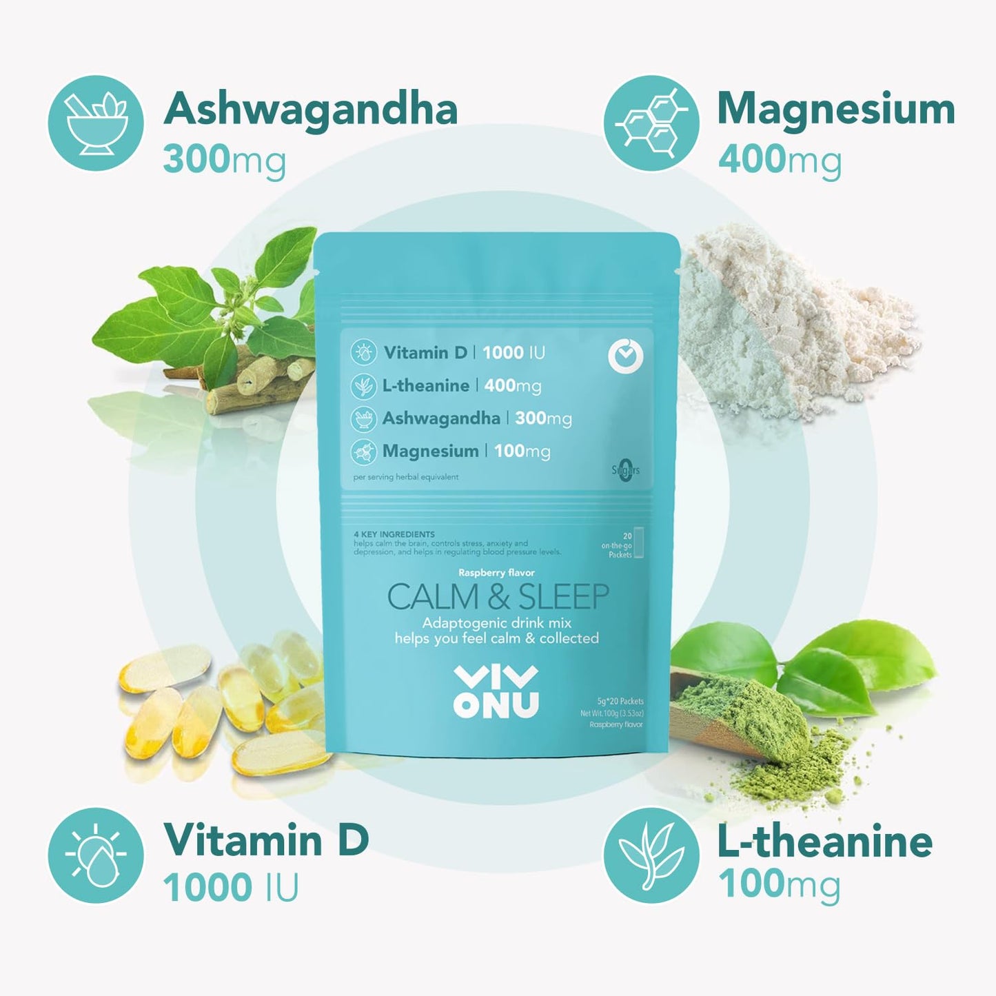 VivoNu Calm & Sleep Raspberry Powdered Drink Mix – L-Theanine, KSM-66 Ashwagandha, Magnesium Glycinate, Vitamin D3 | No Sugar, Non-GMO, 20pcs