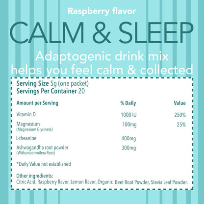 VivoNu Calm & Sleep Raspberry Powdered Drink Mix – L-Theanine, KSM-66 Ashwagandha, Magnesium Glycinate, Vitamin D3 | No Sugar, Non-GMO, 20pcs