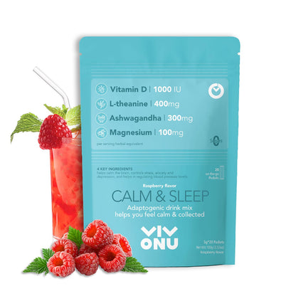 VivoNu Calm & Sleep Raspberry Powdered Drink Mix – L-Theanine, KSM-66 Ashwagandha, Magnesium Glycinate, Vitamin D3 | No Sugar, Non-GMO, 20pcs