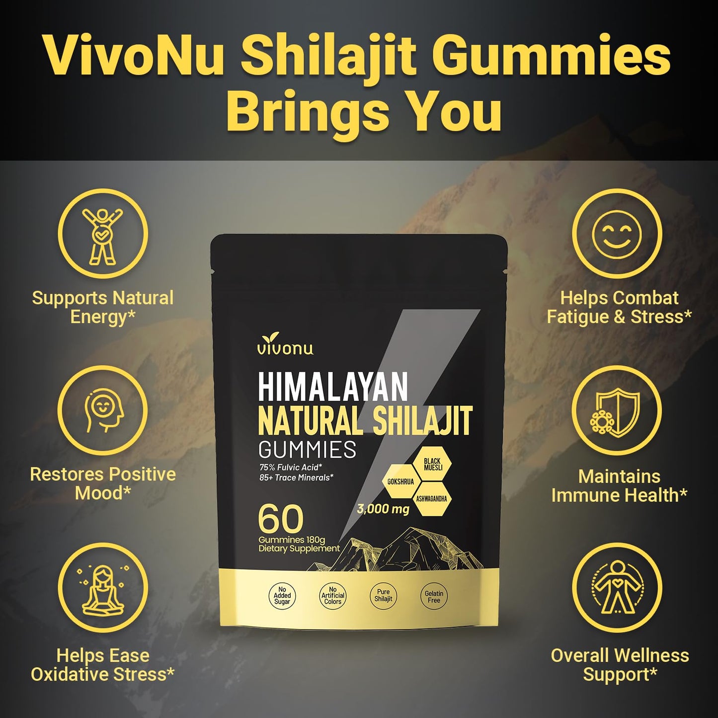 VivoNu Himalayan Shilajit Gummies: Ashwagandha & Gokshura | Organic, Non-GMO