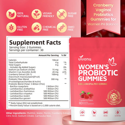 VivoNu Viginal Probiotic for Women – 60 Gummies for Feminine Balance, 100 Billion CFU Blend
