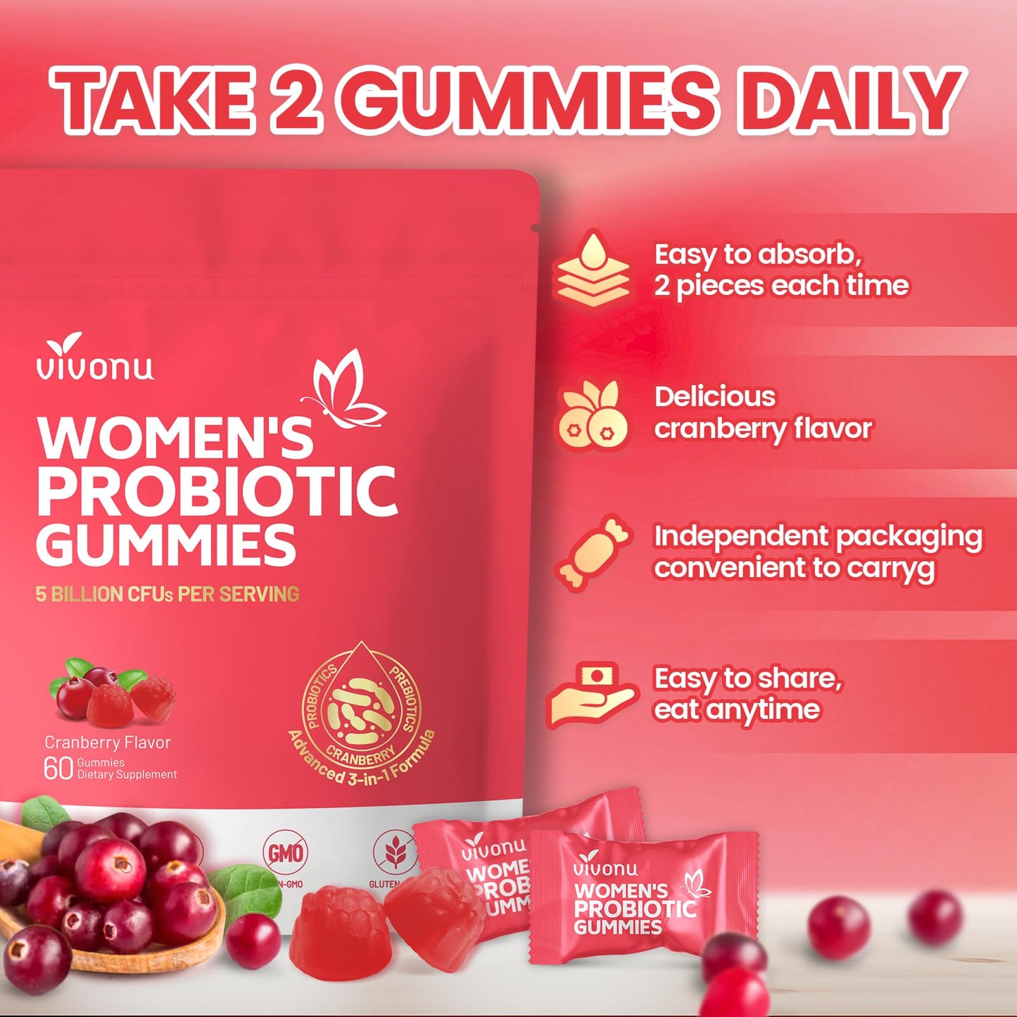 VivoNu Viginal Probiotic for Women – 60 Gummies for Feminine Balance, 100 Billion CFU Blend