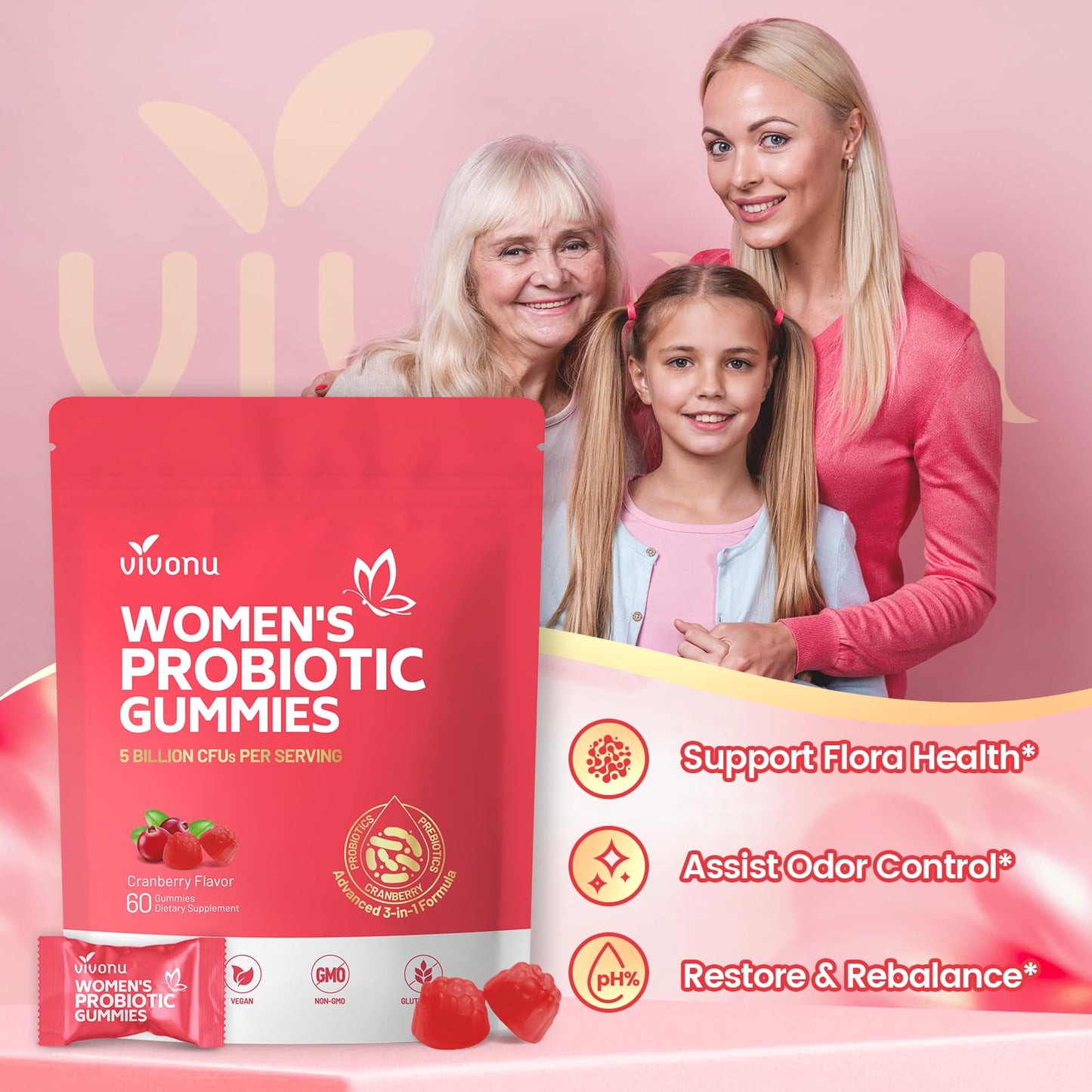 VivoNu Viginal Probiotic for Women – 60 Gummies for Feminine Balance, 100 Billion CFU Blend