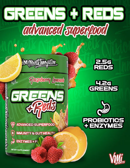 VMI Sports Greens + Reds – Advanced Immunity & Gut Health Superfood | 30 Servings (Raspberry Lemonade)