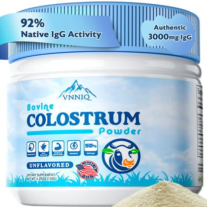 VNNIQ Bovine Colostrum Powder – 3X Absorption, 3,000 mg IgG, Organic Grass-Fed, Ultra-Low Temp Freeze-Dried, 50 Servings