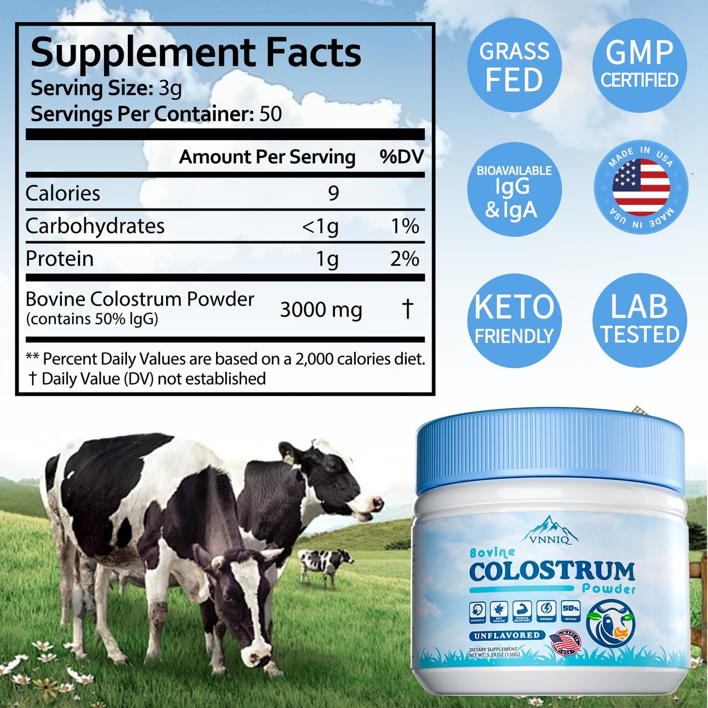 VNNIQ Bovine Colostrum Powder – 3X Absorption, 3,000 mg IgG, Organic Grass-Fed, Ultra-Low Temp Freeze-Dried, 50 Servings
