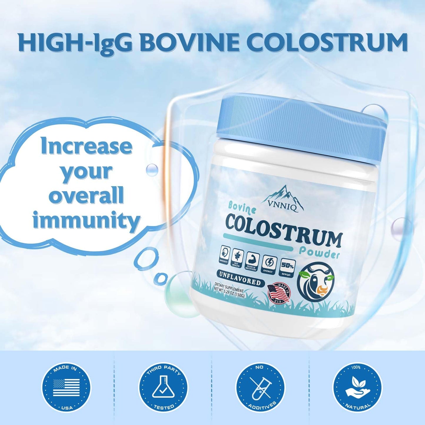 VNNIQ Bovine Colostrum Powder – 3X Absorption, 3,000 mg IgG, Organic Grass-Fed, Ultra-Low Temp Freeze-Dried, 50 Servings
