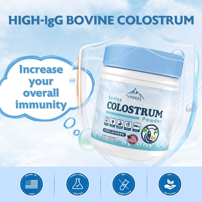 VNNIQ Bovine Colostrum Powder – 3X Absorption, 3,000 mg IgG, Organic Grass-Fed, Ultra-Low Temp Freeze-Dried, 50 Servings