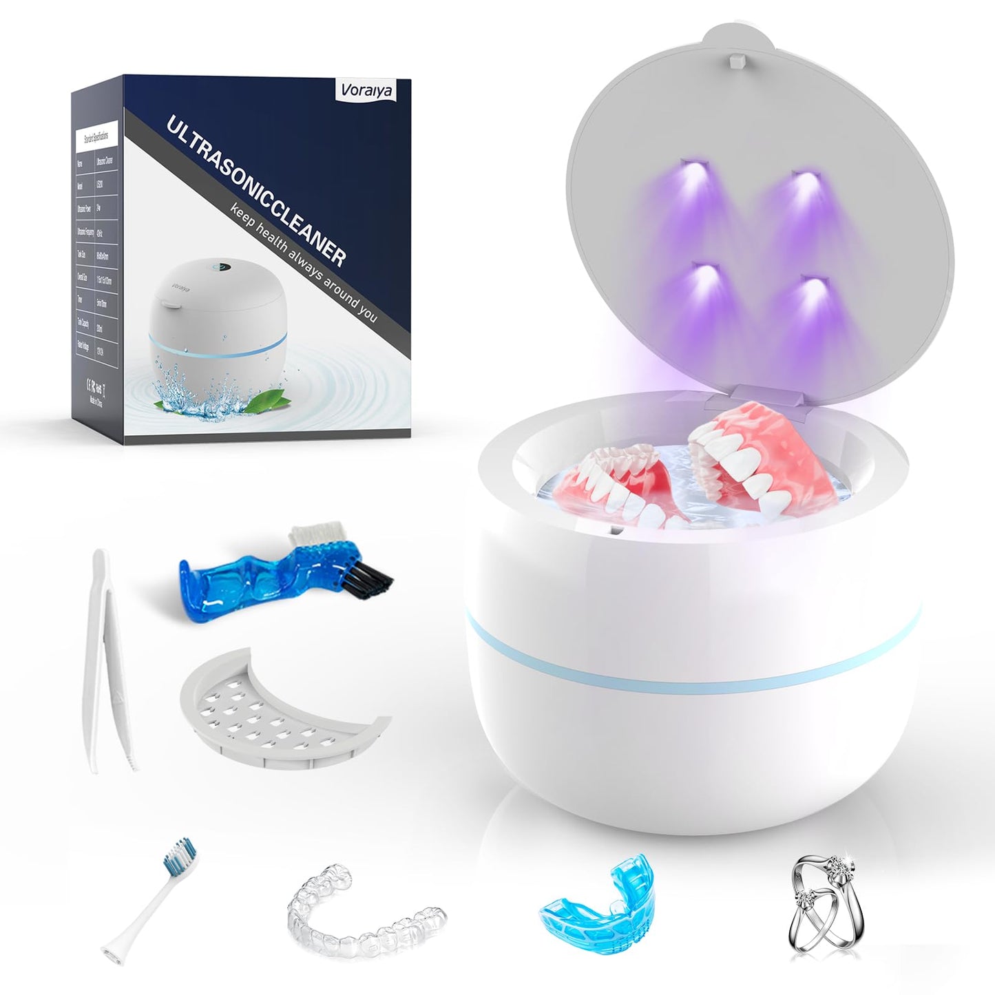 Voraiya Ultrasonic Retainer Cleaner – Dentures, Retainers, Jewelry, 2 Modes