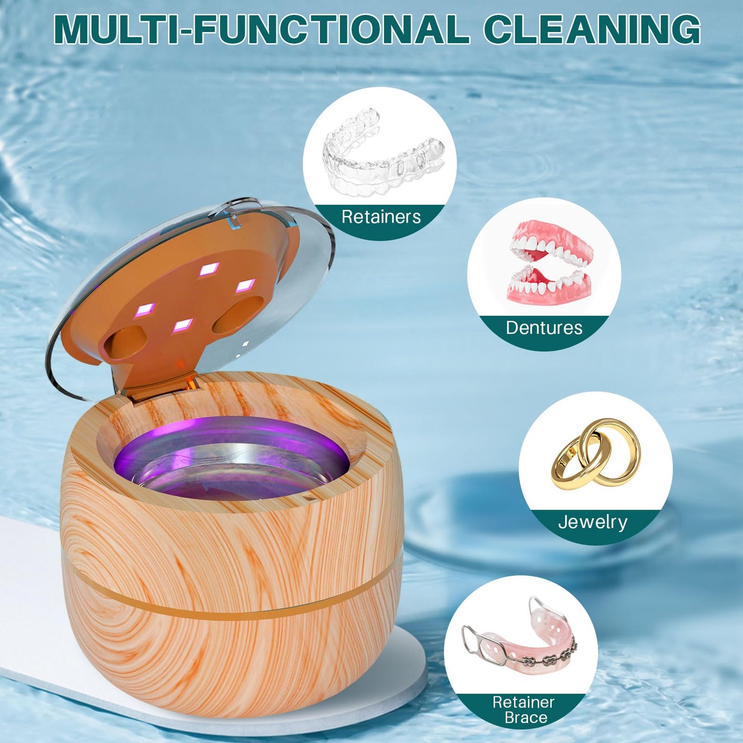 Voraiya Ultrasonic Retainer Cleaner – 360° UV Cleaning, 45kHz Denture & Mouth Guard Cleaner