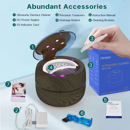 Voraiya Dental Ultrasonic Retainer Cleaner Machine — 45kHz Denture Cleaning Pod, 4 Modes, Digital Timer