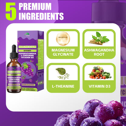 VPKIN Magnesium Liquid with Ashwagandha & L-Theanine – Sleep & Immune Support (Grape, 2 oz)