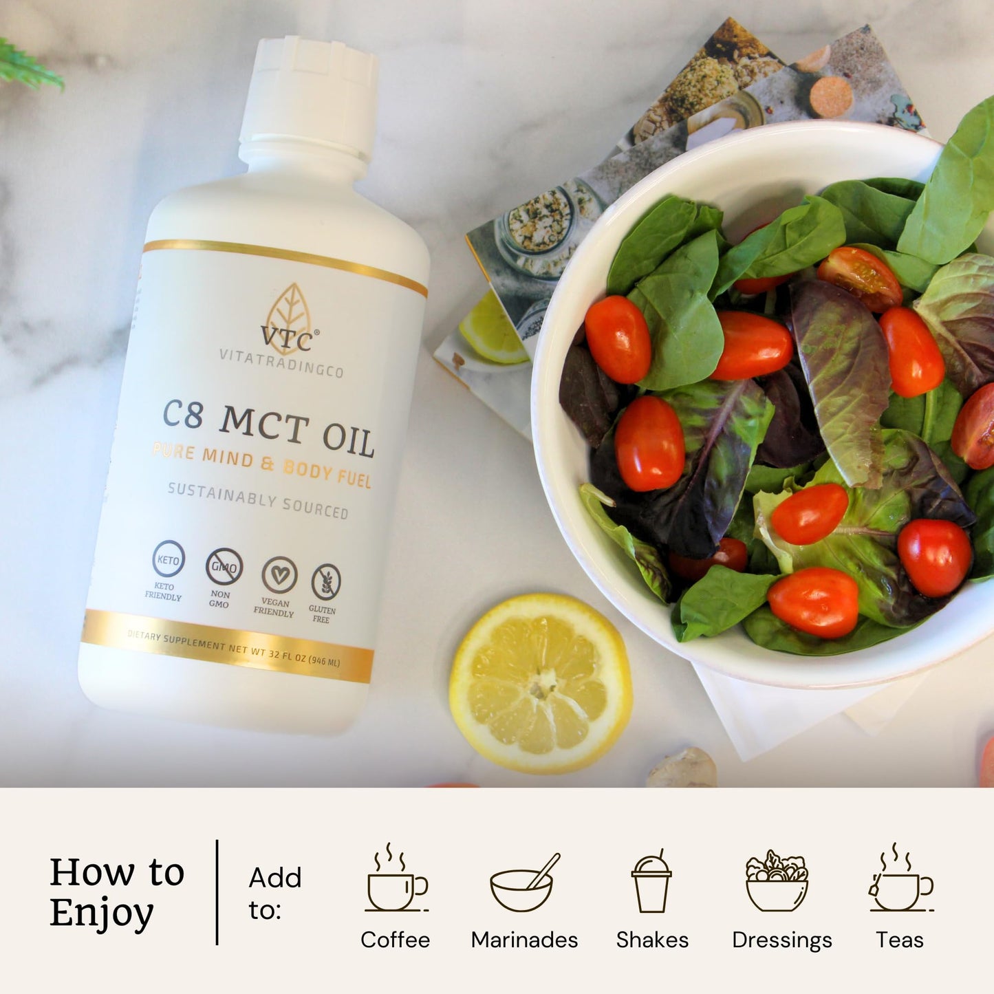 VTC VitaTradingCo. 100% Pure C8 MCT Oil | 128oz, 3X Distilled, Keto & Paleo