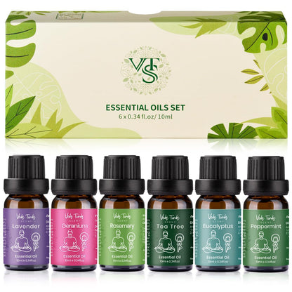 VTS Essential Oils Set (6x10ml) - Lavender, Peppermint, Eucalyptus, Tea Tree, Geranium, Rosemary