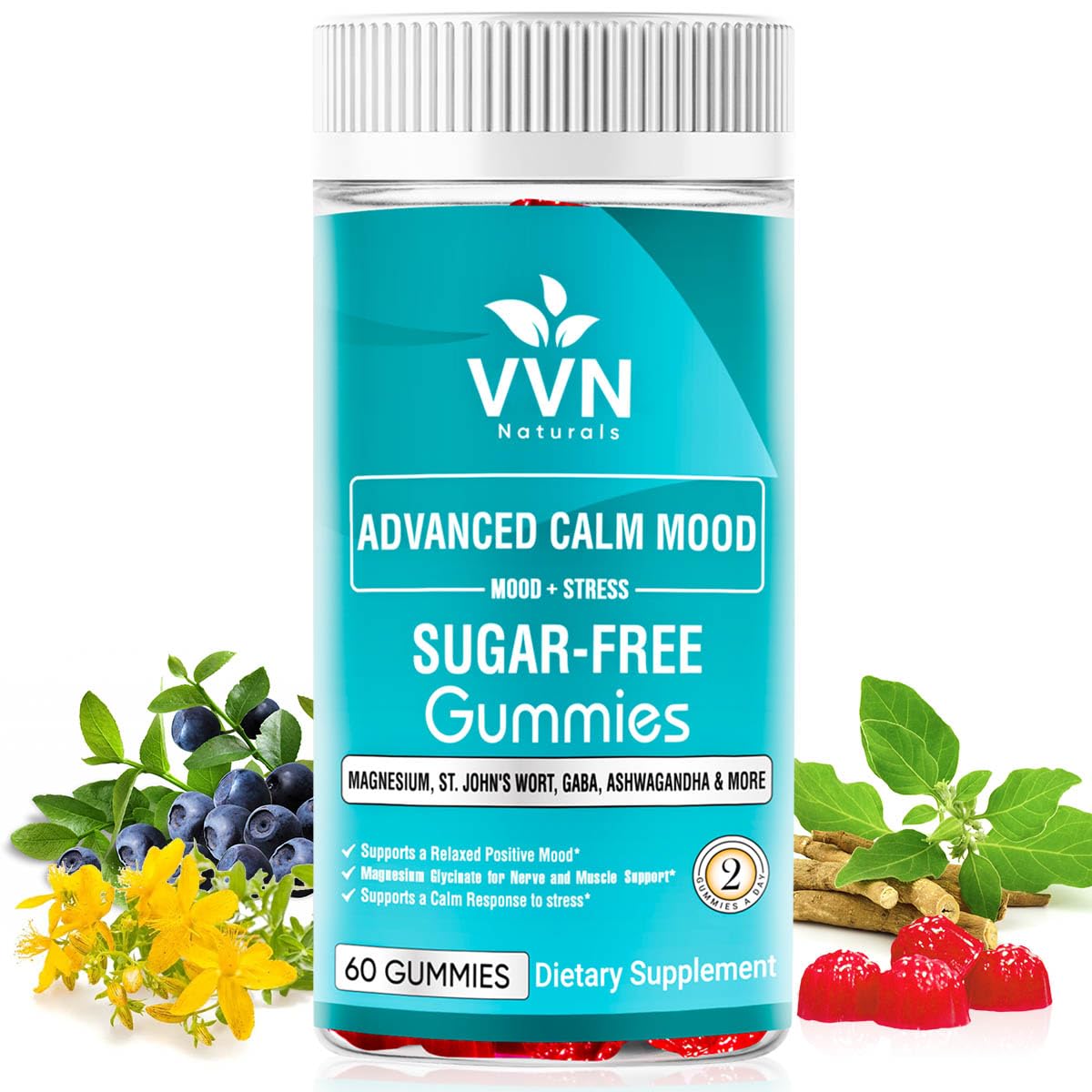 VVN Naturals Sugar Free 22-in-1 Calm Mood Gummies - Stress & Mood Support | 60 Count | Vegan