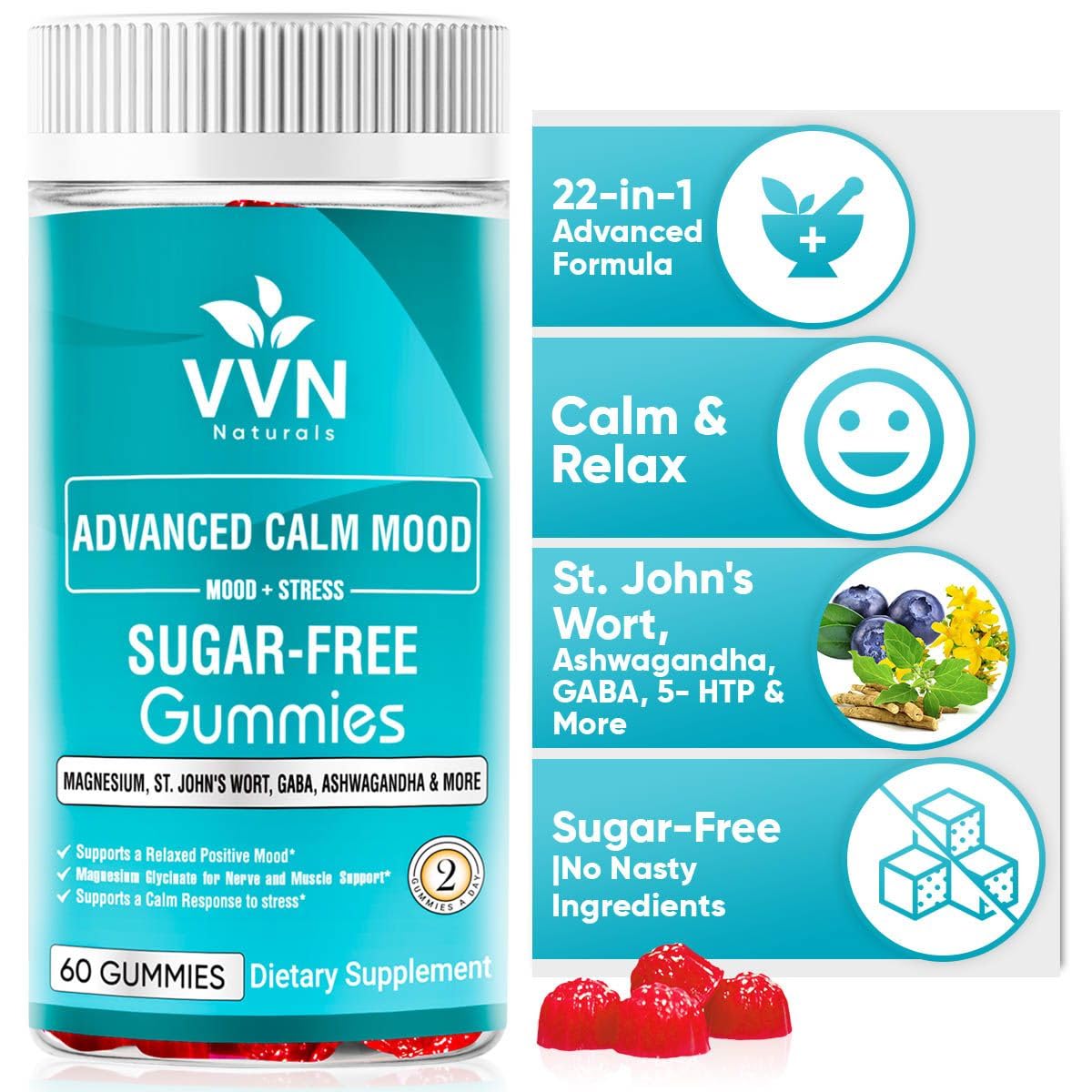 VVN Naturals Sugar Free 22-in-1 Calm Mood Gummies - Stress & Mood Support | 60 Count | Vegan