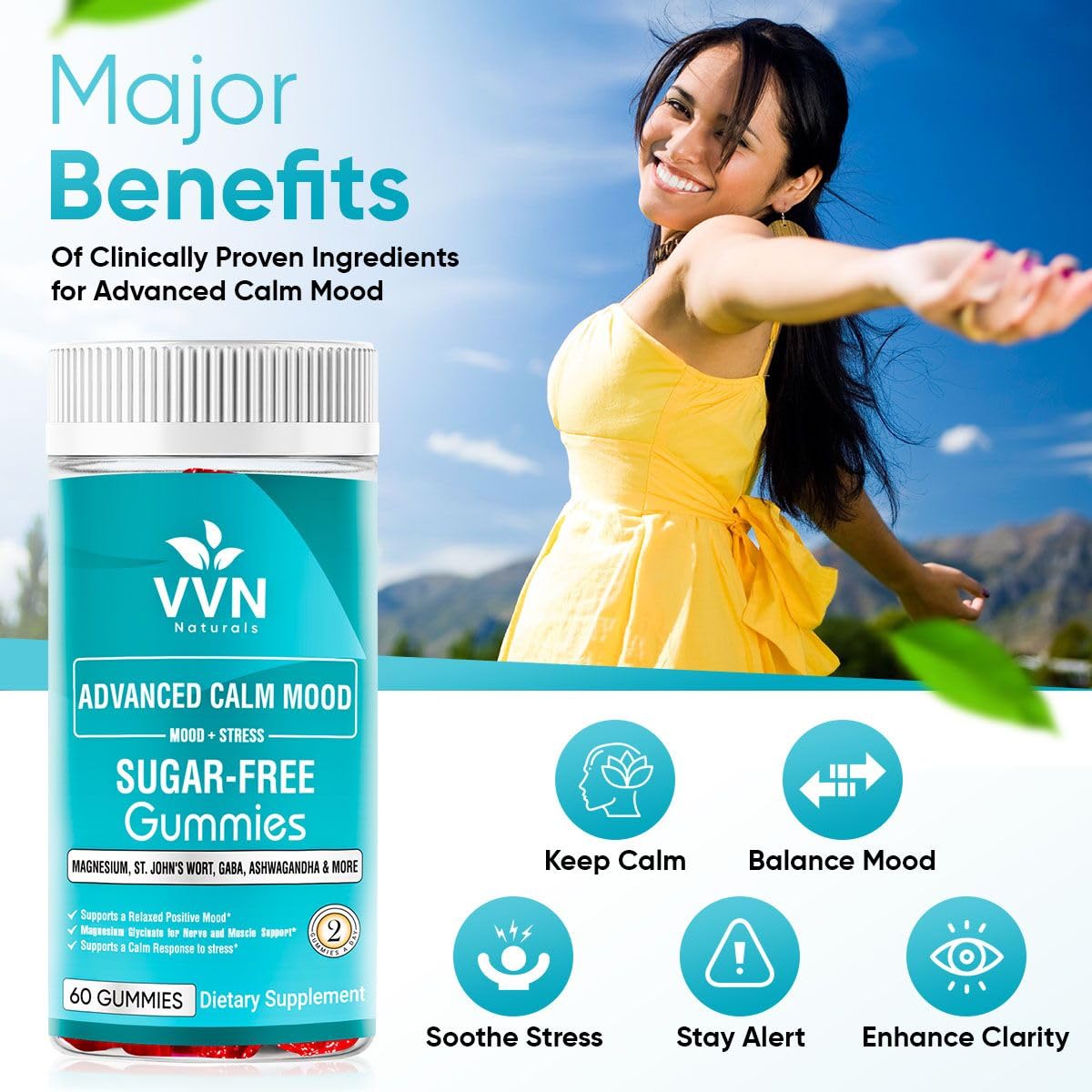 VVN Naturals Sugar Free 22-in-1 Calm Mood Gummies - Stress & Mood Support | 60 Count | Vegan