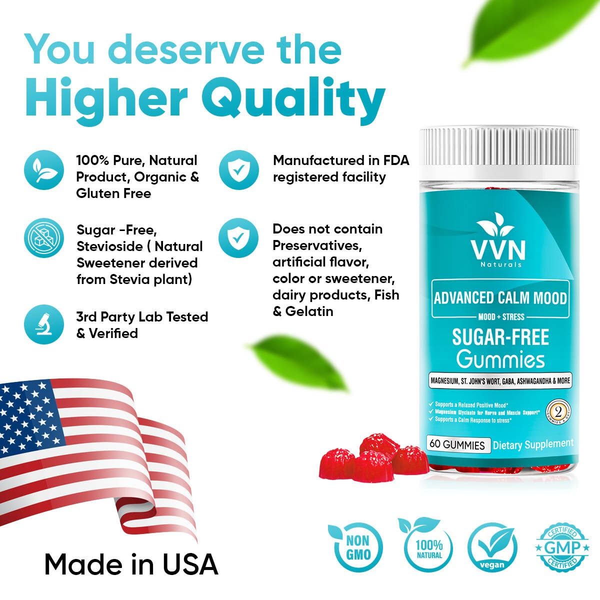 VVN Naturals Sugar Free 22-in-1 Calm Mood Gummies - Stress & Mood Support | 60 Count | Vegan
