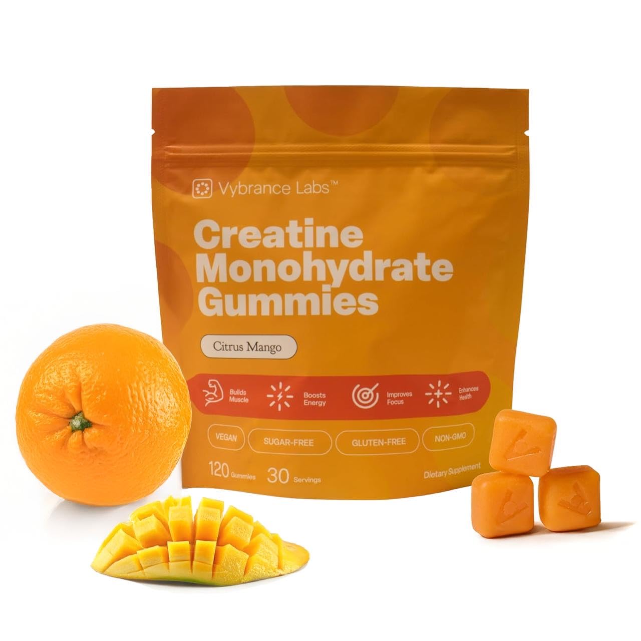 VYBRANCE LABS Creapure Creatine Gummies 5g + Taurine & B12 – Sugar-Free, Vegan, Gluten-Free – Citrus Mango (120 Count)