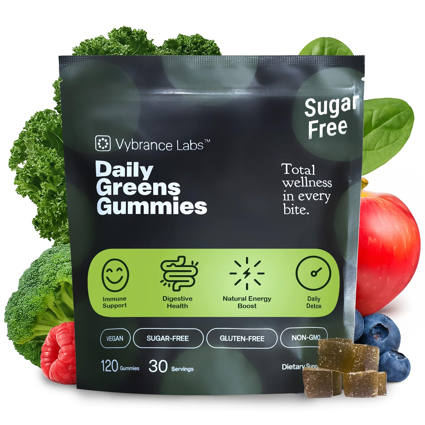 VYBRANCE LABS Daily Greens Gummies – 120 Gummies (30 Servings), Sugar-Free & Vegan