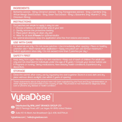 Vytadose GLP1 Patches | 10x Stronger Formula | 12 Hour Extended Hunger Support | Berberine, Pomegranate, Green Tea, L-Glutamine | New & Improved Kind of GLP-1 Patches | 60 Count