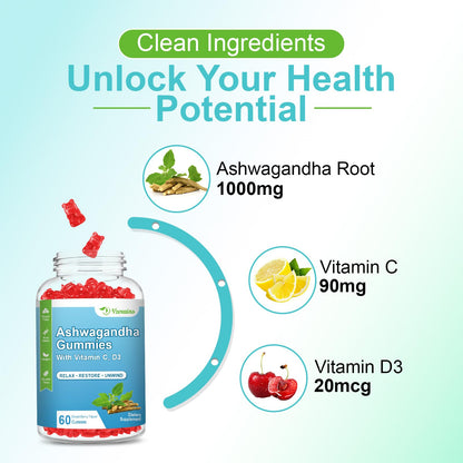 VZOXAINS 2 Pack Ashwagandha Gummies – 1000mg, Vitamin D & C | Vegan