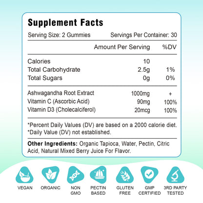 VZOXAINS 2 Pack Ashwagandha Gummies – 1000mg, Vitamin D & C | Vegan