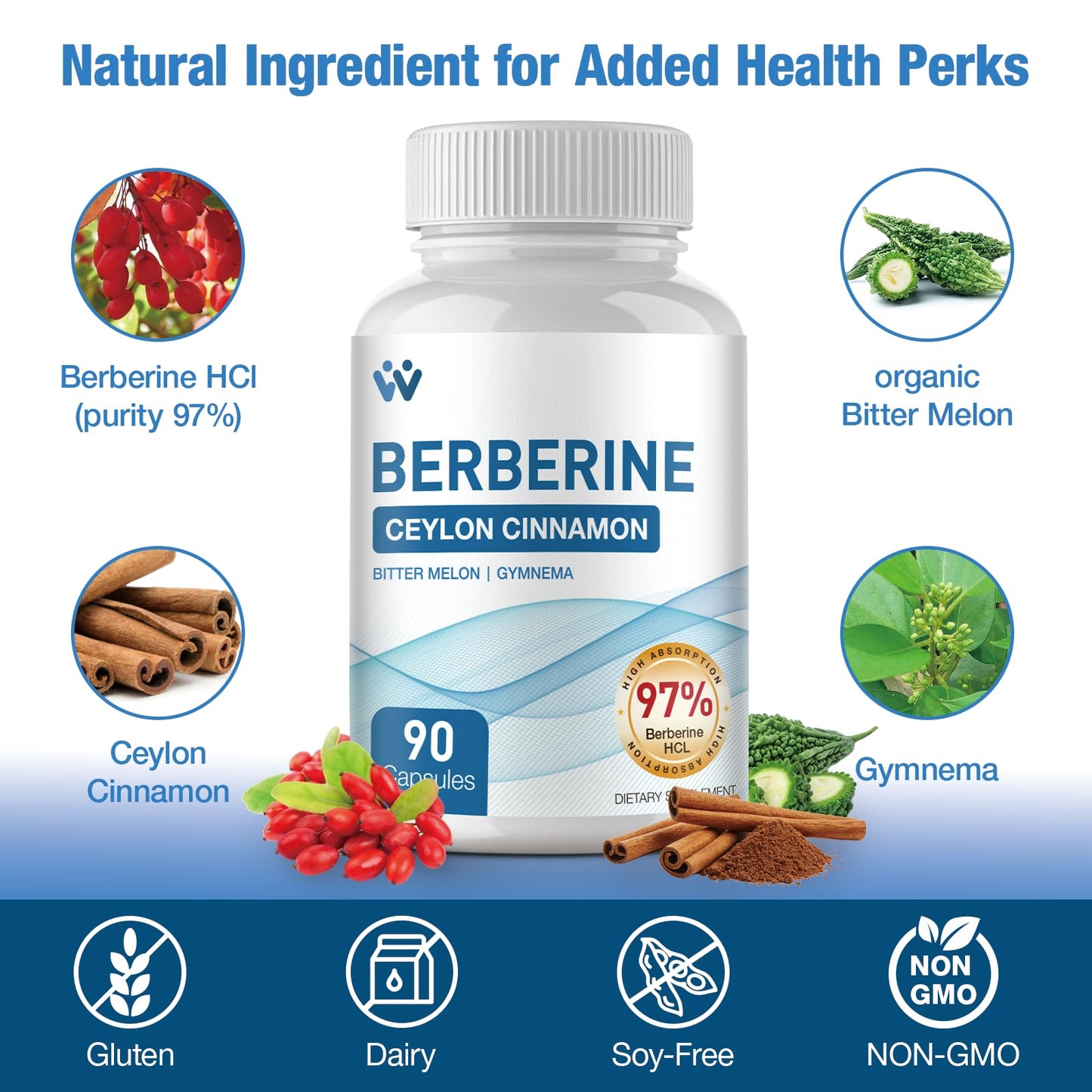 WACHRAY Berberine 1500mg – 360 Capsules (4 Pack) with Cinnamon & Bitter Melon
